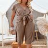NOMSOCR Women's Casual V Neck Lace-up Pocket Jumpsuits Loose Button Jumpsuit with Sleeves (Khaki, L) view 2