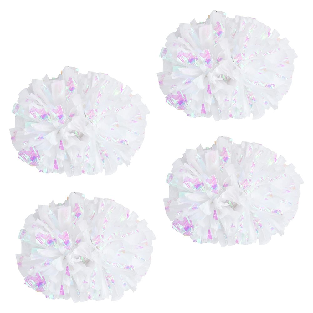 Supkiir 4Pcs Cheerleading Pom Poms for Cheerleader Costume Women, 2 Pair Cheer Pompoms for Boy Girl School Sports Games Team Spirit Cheering Dancing (Holographic White)