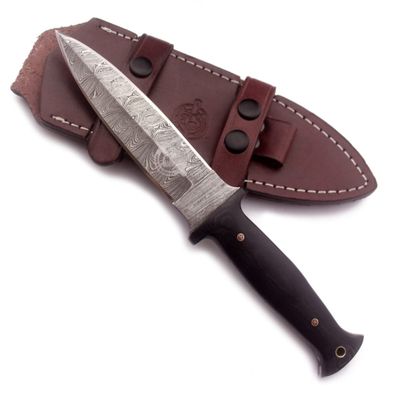 WolfKlinge Handmade Damascus Steel Dagger Ideal for EDC, Hunting, Survival, Camping, and Fishing. Features a Fixed Spear Point Blade, Full Tang Micarta Handle, and Cowhide Leather Sheath-DCX22-59