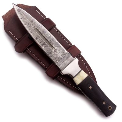 WolfKlinge 11" Handmade Damascus Steel Fixed Blade Knife Ultimate Spear Point Dagger for Hunting, Survival, Camping, Hiking and Fishing Full Tang Micarta Handle with Premium Cowhide Leather Sheath (DCX 22-58)