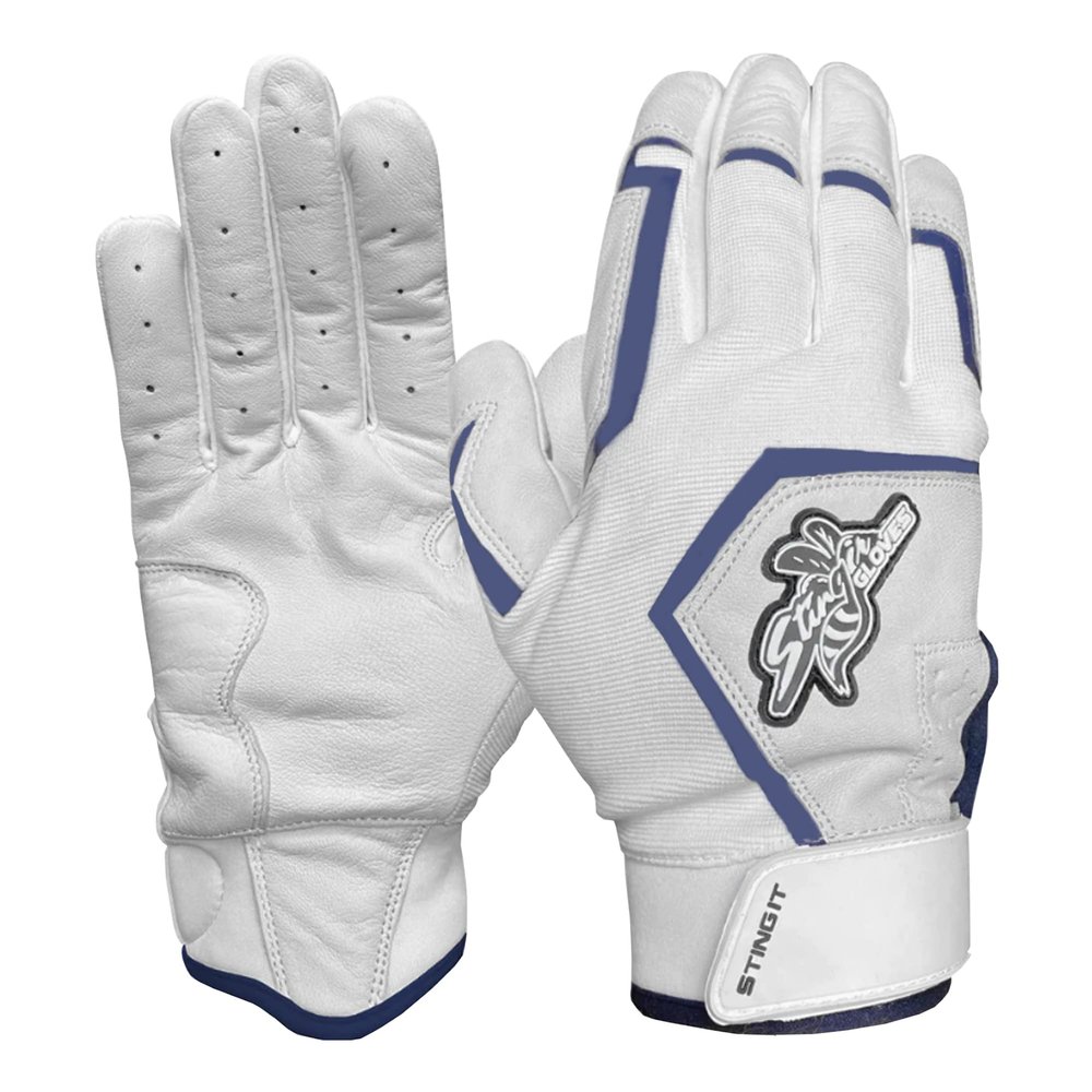 Stinger Sports Sting Squad Batting Gloves for Baseball & Softball (Youth XL, White/Navy Blue)