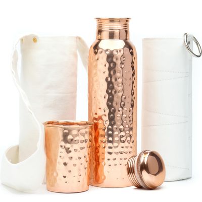 Kitchen Science Authentic Ayurvedic Copper Water Bottle (34oz/1000 ml) w/Copper Tumbler for Drinking Water, Carrying Bag & Deco Sleeve | Lab-Tested, Leak-Proof