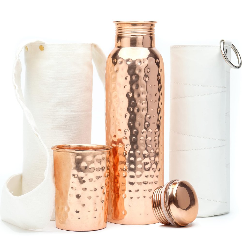 Kitchen Science Authentic Ayurvedic Copper Water Bottle (34oz/1000 ml) w/Copper Tumbler for Drinking Water, Carrying Bag & Deco Sleeve | Lab-Tested, Leak-Proof