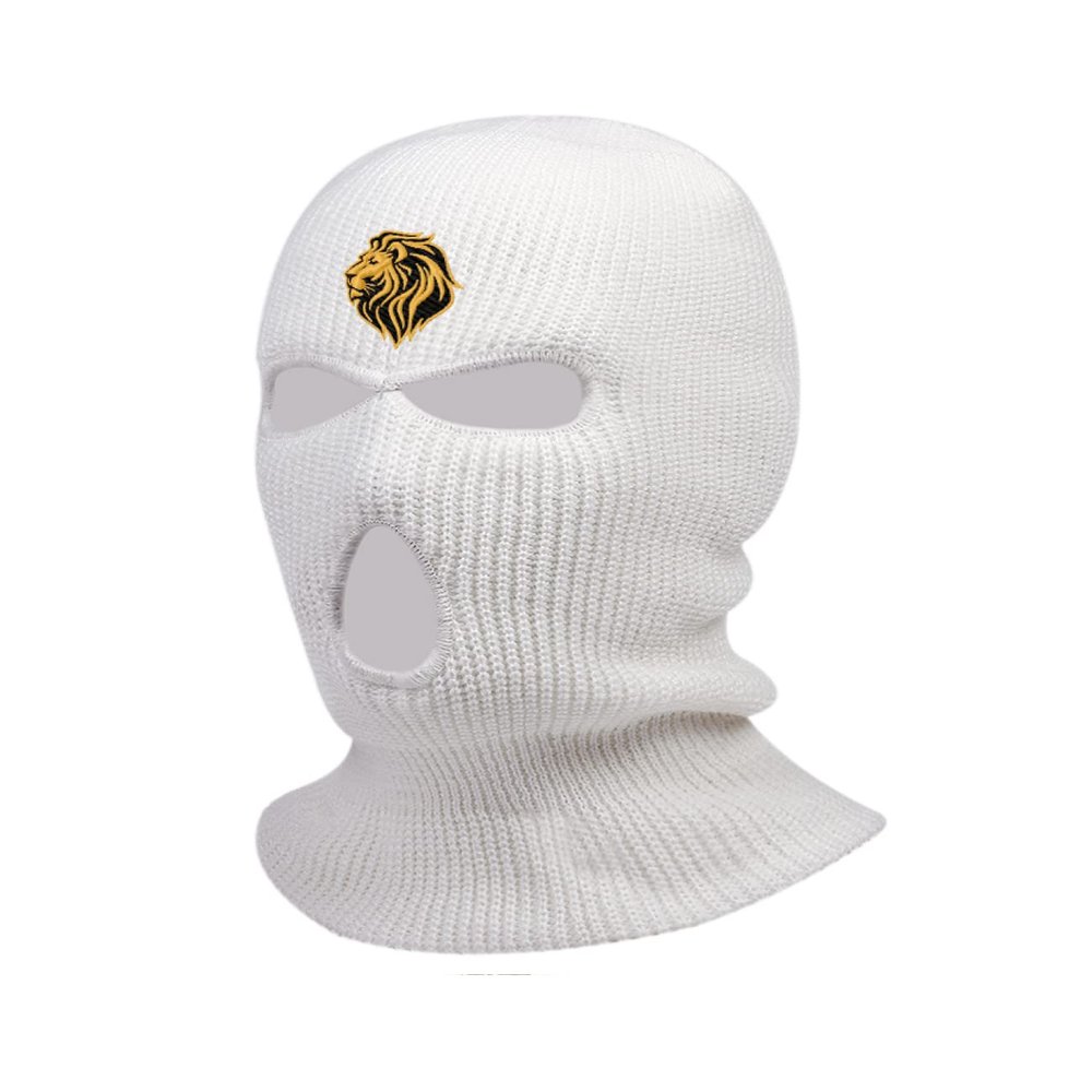Lion Ski Mask Animal Embroidered Three Hole Mask Knit Face Cover Graphic Balaclava (White)