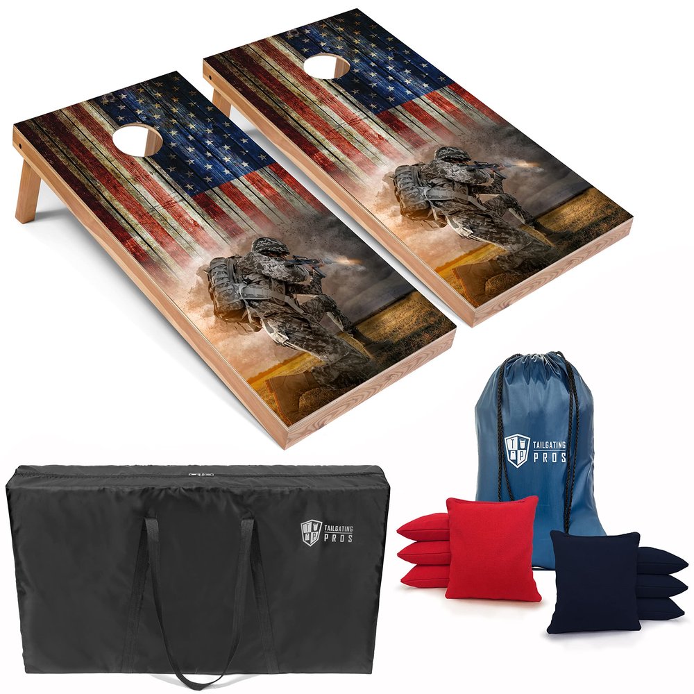Tailgating Pros American Themed Cornhole Board Set - Official Regulation Size 4'x2' Corn Hole Toss Game w/Set of 8 Bean Bags and Carrying Case - Outdoor Tailgate Yard Game