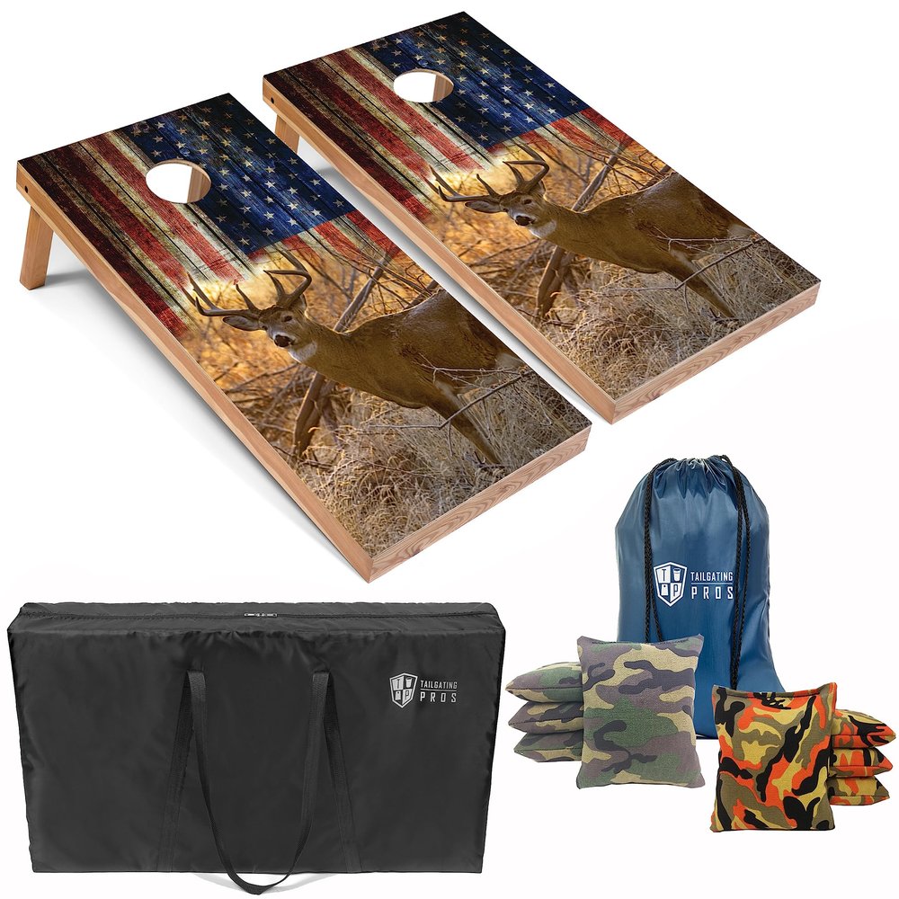 Tailgating Pros American Themed Cornhole Board Set - Official Regulation Size 4'x2' Corn Hole Toss Game w/Set of 8 Bean Bags and Carrying Case - Outdoor Tailgate Yard Game