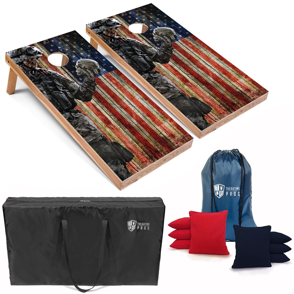Tailgating Pros American Themed Cornhole Board Set - Official Regulation Size 4'x2' Corn Hole Toss Game w/Set of 8 Bean Bags and Carrying Case - Outdoor Tailgate Yard Game