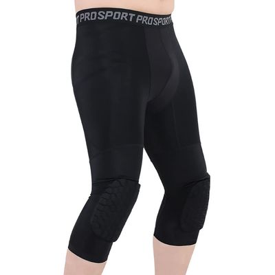 Basketball Pants with Knee Pads for Men, 3/4 Compression Tights Leggings, Football Baseball Soccer Sports Protector Gear Black