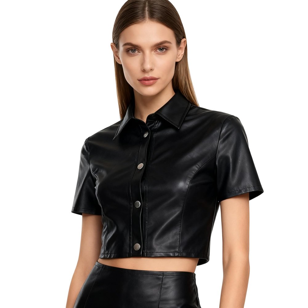 AIBEARTY Women's Sexy PU Leather Button Down Short Sleeve Crop Tops Collar Blouse Shirt for Party Club Streetwear Black