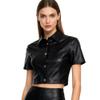 AIBEARTY Women's Sexy PU Leather Button Down Short Sleeve Crop Tops Collar Blouse Shirt for Party Club Streetwear Black view 1