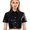AIBEARTY Women's Sexy PU Leather Button Down Short Sleeve Crop Tops Collar Blouse Shirt for Party Club Streetwear Black view 2