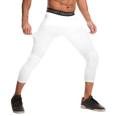 Basketball Pants with Knee Pads for Men, 3/4 Compression Tights Leggings, Football Baseball Soccer Sports Protector Gear White