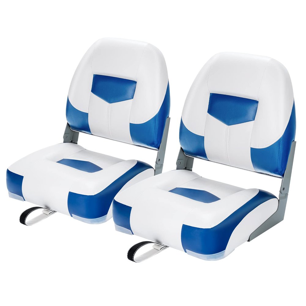 Goplus Low/High Back Boat Seats, Folding Boat Seat with Stainless Steel Screws & Aluminum Hinges, Thickened Sponge Padding, Waterproof Fishing Captain Boat Seats (2 Packs Blue & White)