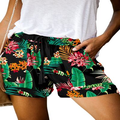 Womens Casual Shorts Summer Comfy Drawstring Elastic Waist Pocketed Vintage Beach Shorts Black Green-XL