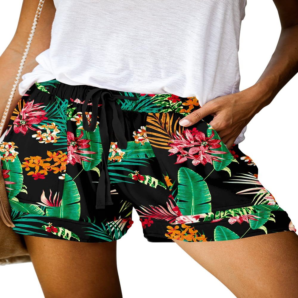 Womens Casual Shorts Summer Comfy Drawstring Elastic Waist Pocketed Vintage Beach Shorts Black Green-XL