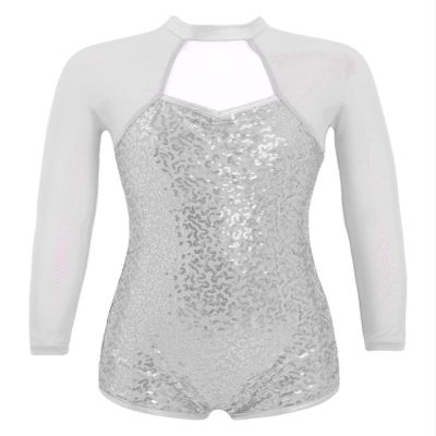 FEESHOW Kids Girls Long Sleeve Sparkling Sequins Backless Dance Leotards Biketard Jumpsuit with Shorts Dance Silver 12 Years