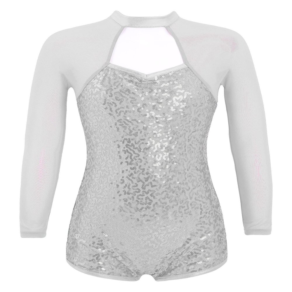 FEESHOW Kids Girls Long Sleeve Sparkling Sequins Backless Dance Leotards Biketard Jumpsuit with Shorts Dance Silver 12 Years