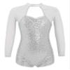 FEESHOW Kids Girls Long Sleeve Sparkling Sequins Backless Dance Leotards Biketard Jumpsuit with Shorts Dance Silver 12 Years view 1