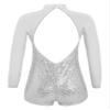 FEESHOW Kids Girls Long Sleeve Sparkling Sequins Backless Dance Leotards Biketard Jumpsuit with Shorts Dance Silver 12 Years view 2