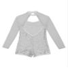 FEESHOW Kids Girls Long Sleeve Sparkling Sequins Backless Dance Leotards Biketard Jumpsuit with Shorts Dance Silver 12 Years view 3