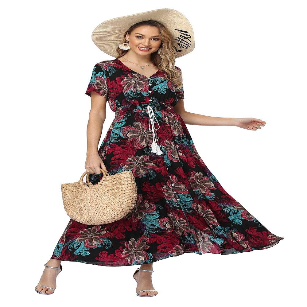 1stvital Women's Floral Maxi Dresses Boho Summer Beach Dress Short Sleeve Button Up Split Party Dress, XL
