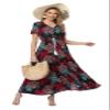 1stvital Women's Floral Maxi Dresses Boho Summer Beach Dress Short Sleeve Button Up Split Party Dress, XL
