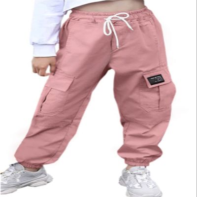 AOWKULAE Big Girls Pants, Drawstring Elastic Waist Lightweight Loose Tapered Cargo Jogger Pants with Multi Pockets for Girl, Pink, 13-14 Years = Tag 170