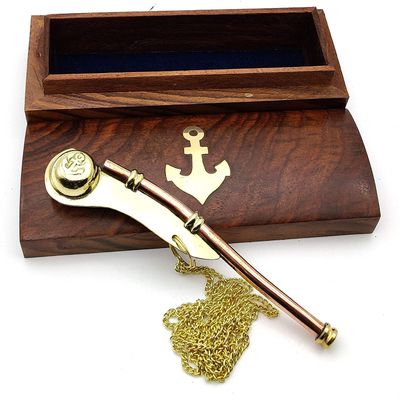 Nautical Solid Brass & Copper Boatswain (Bosun) 5" Whistle Chain with Rosewood Box (Brass & Copper)