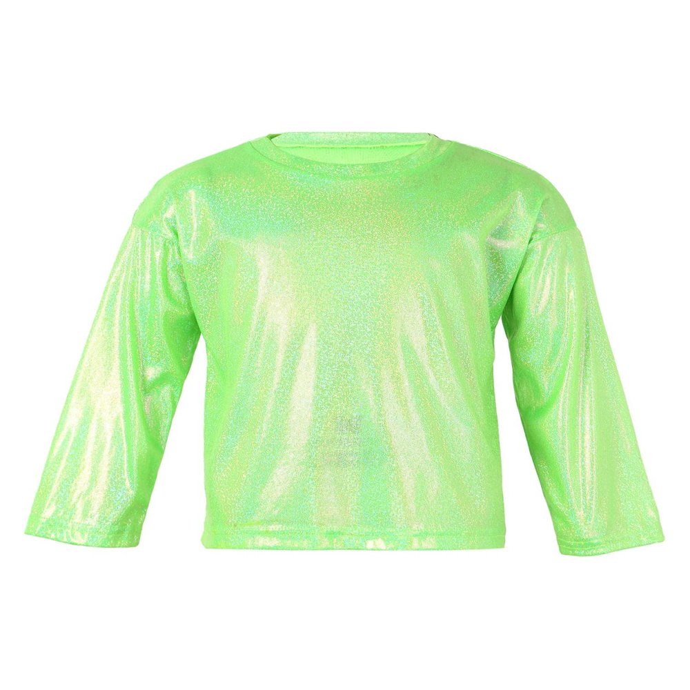 FEESHOW Kids Girls Shiny Metallic T-Shirt Long Sleeve Loose T-Shirt for Stage Performance Costume Jazz Hip Hop Dancewear Green A 7-8 Years