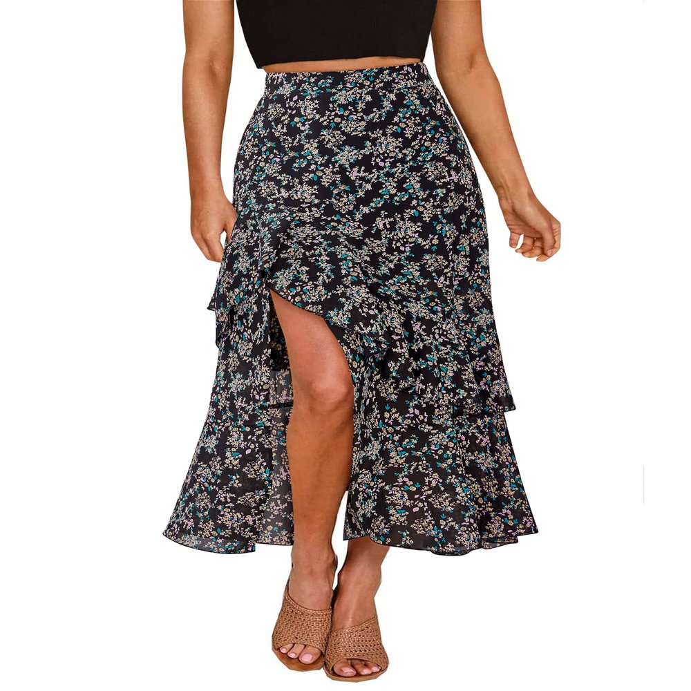 BTFBM Women 2025 Summer Spring Boho Long Skirts Dress Floral Print Elastic Waist Split Ruffle High Low Beach Maxi Skirt(Print Floral Black, X-Large)
