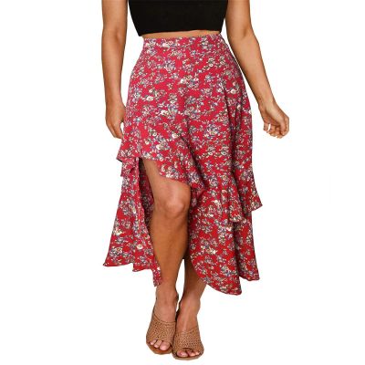 BTFBM Women 2025 Summer Spring Boho Long Skirts Dress Floral Print Elastic Waist Split Ruffle High Low Beach Maxi Skirt(Print Floral Red, X-Large)