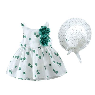 2PCS Summer Baby Dress Outfit Newborn Infant Baby Girl Cherry Dot Bowknot Dress Sleeveless Sundress with Straw Hat (Green, 12-18 Months)