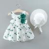 2PCS Summer Baby Dress Outfit Newborn Infant Baby Girl Cherry Dot Bowknot Dress Sleeveless Sundress with Straw Hat (Green, 12-18 Months) view 2