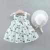 2PCS Summer Baby Dress Outfit Newborn Infant Baby Girl Cherry Dot Bowknot Dress Sleeveless Sundress with Straw Hat (Green, 12-18 Months) view 3