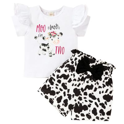Viworld Baby Girl Two Birthday Outfits Ruffle Sleeve I'M Two Top + Cows Shorts Set Cake Smash Summer ClothesCows,2T