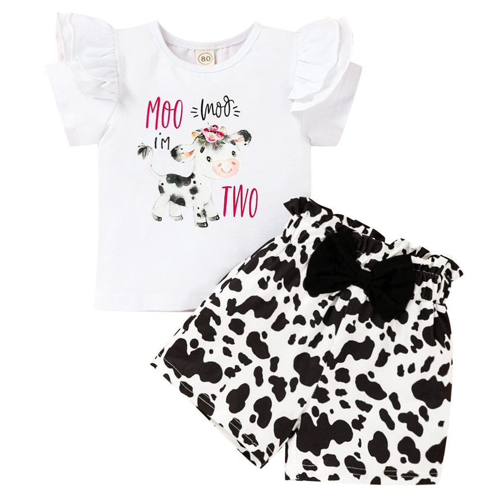 Viworld Baby Girl Two Birthday Outfits Ruffle Sleeve I'M Two Top + Cows Shorts Set Cake Smash Summer ClothesCows,2T