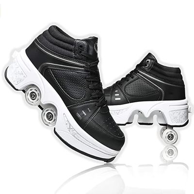 Multifunctional Roller Skates Shoes Adjustable Deformation Roller Shoes 2 in 1 Removable Pulley Skates Skating Rollerskates Girls Boys Adult Children's Automatic Walking Sports Shoes
