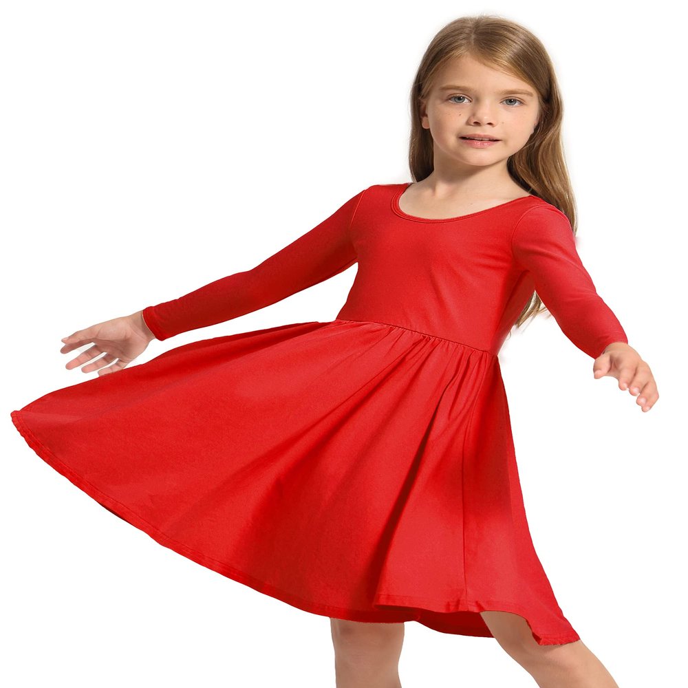 Stelle Long Sleeve Girls Dress Toddler White Dresses Skater Twirl Cotton A-Line Dress for School Casual(Red, 10 Years)