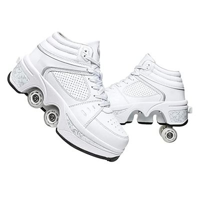 Multifunctional Roller Skates Shoes Adjustable Deformation Roller Shoes 2 in 1 Removable Pulley Skates Skating Rollerskates Girls Boys Adult Children's Automatic Walking Sports Shoes