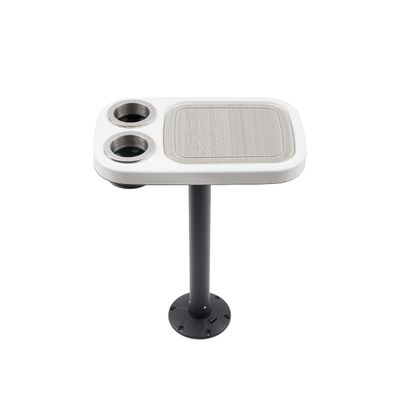 Manufacturers' Select ITC Boat Table Set - 14"x22" Removable Pontoon Boat Table with Center Non-Slip Mat, Pedestal Leg & 2 Drink Holders (Glossy White Table with Black Leg and Titanium Grey Mat)