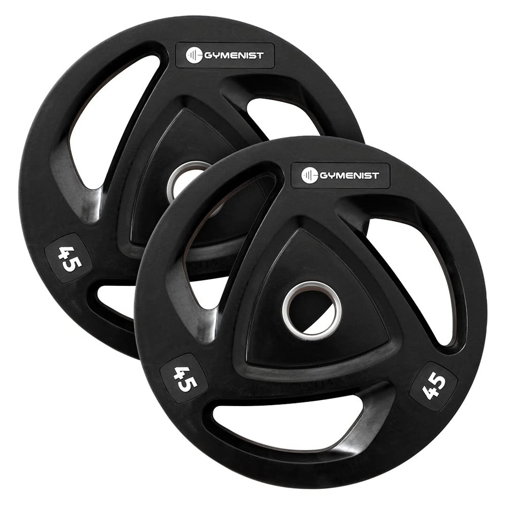 GYMENIST Premium Olympic Rubber Coated Metal Weight Plates for Men and Women  Durable Non Slip Grip and Long-Lasting Weights Plate Gym Sets for Home and Commercial Use (45 Lb - Pair, Rubber)