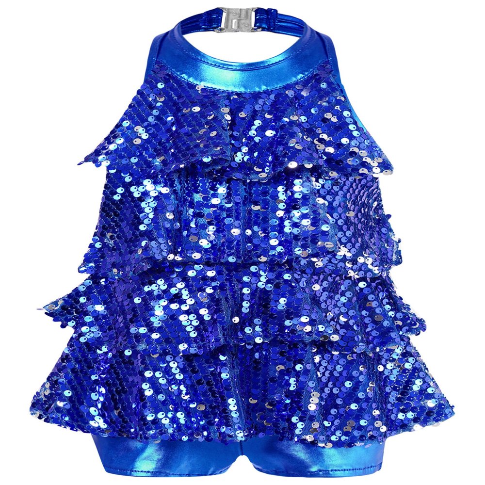 Manyakai Kids Girls Shiny Sequins Dance Costumes Sparkly Halter Ballet Gymnastic Leotard Ballroom Dancewear Royal Blue 14 Years