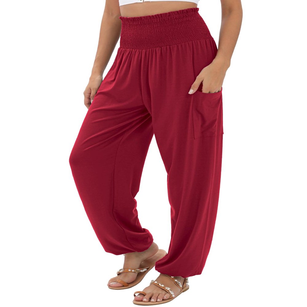 QIANXIZHAN Women's Harem Pants, High Waist Yoga Boho Trousers with Pockets Wine Red M