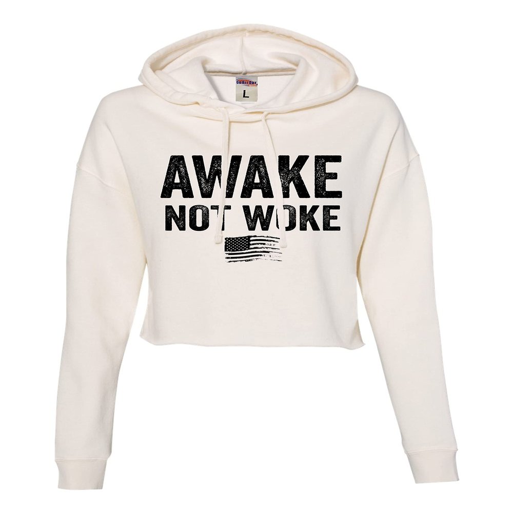 Go All Out X-Large Bone Womens Awake Not Woke American Flag Conservative Cropped Hooded Sweatshirt