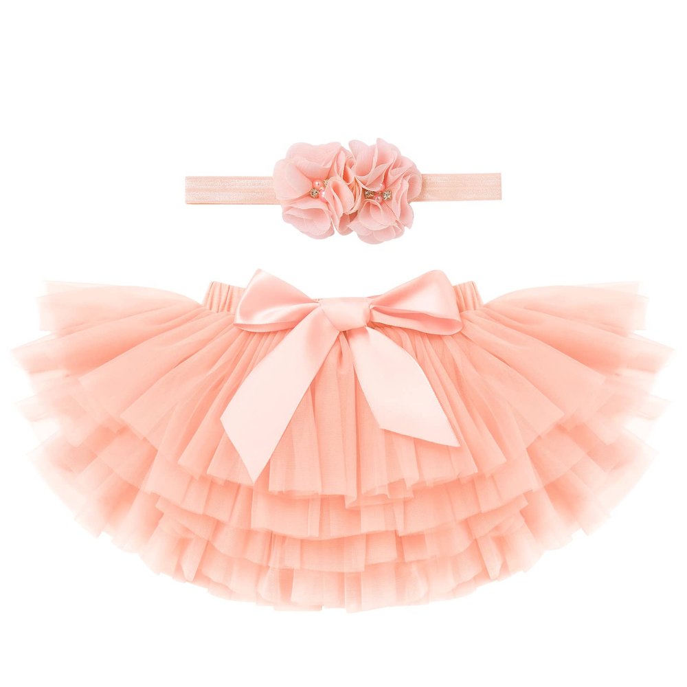 Newborn Photography Props Toddler Infant Baby Girl Diaper Cover Tutu Tulle Skirt+Flower Headband 1st/2nd First Birthday Outfit One Year Old Gifts Cake Smash Photoshoot Clothes Light Pink 0-6 Months