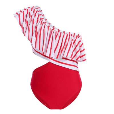 ABOCIW Girls Swimsuit Striped Ruffle One Shoulder Cut Out One Piece Bathing Suits Kids Summer Swimwear Red One Shoulder 7-8 Years