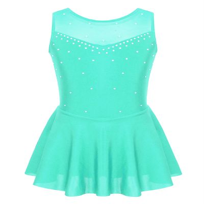Moggemol Kids Girls Figure Ice Skating Leotard Dress Rhinestone Mesh Splice Roller Skating Dance Performance Costume Mint 10 Years