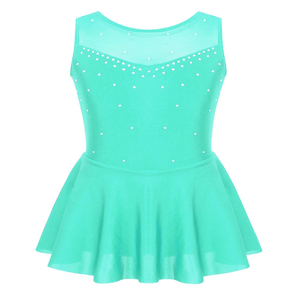 Moggemol Kids Girls Figure Ice Skating Leotard Dress Rhinestone Mesh Splice Roller Skating Dance Performance Costume Mint 10 Years