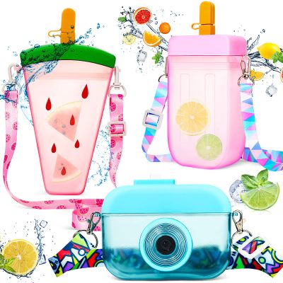 3 Pieces Cute Water Bottles with Straws Creative Kawaii Camera Shaped Ice Cream Bar Watermelon Adjustable Strap Plastic Water Bottle for Travel School Sport Kids (Fresh Style, Red, Pink, Blue)