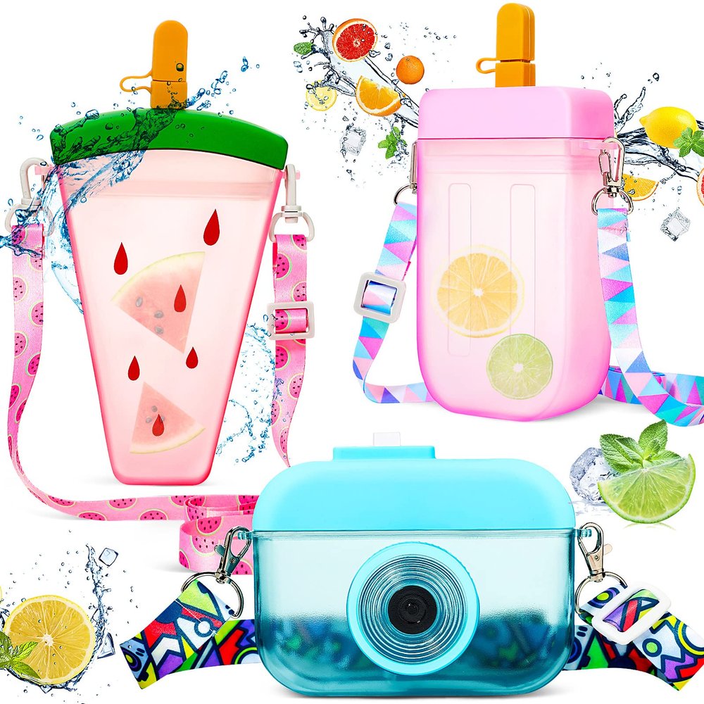 3 Pieces Cute Water Bottles with Straws Creative Kawaii Camera Shaped Ice Cream Bar Watermelon Adjustable Strap Plastic Water Bottle for Travel School Sport Kids (Fresh Style, Red, Pink, Blue)